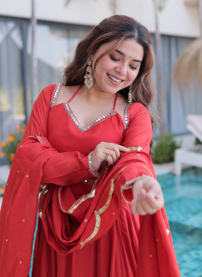 Chanderi Real Mirror Lace Border Red Anarkali Gown Set