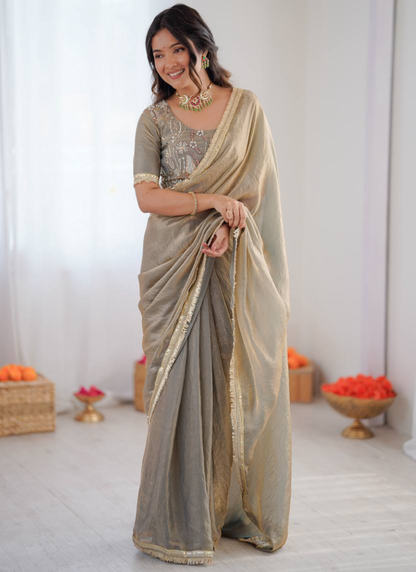 Beads Work Blouse With Fendy Silk Grey Saree For Women