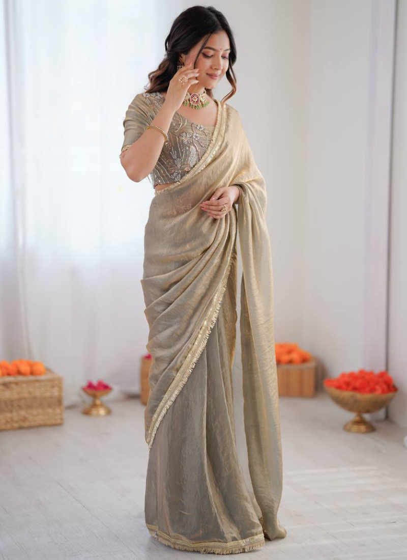 Beads Work Blouse With Fendy Silk Grey Saree For Women