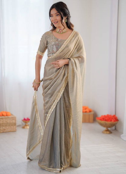 Beads Work Blouse With Fendy Silk Grey Saree For Women