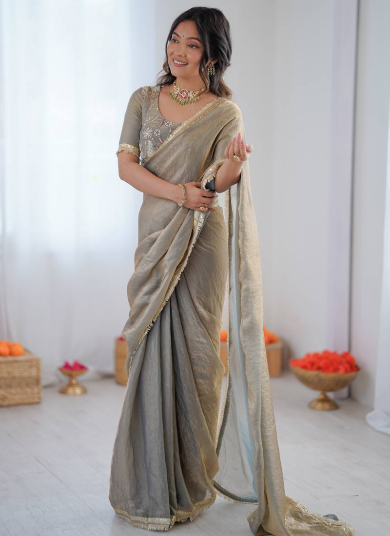 Beads Work Blouse With Fendy Silk Grey Saree For Women