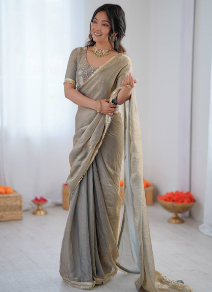 Beads Work Blouse With Fendy Silk Grey Saree For Women