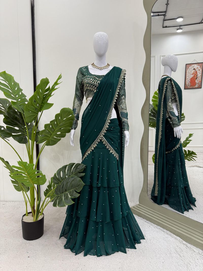 Dark green foux georgette thread with sequence with border raday to wear lehenga saree