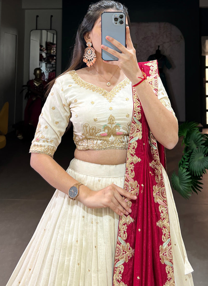 Zari Embroidered Vichitra Silk Off White Lehenga Choli