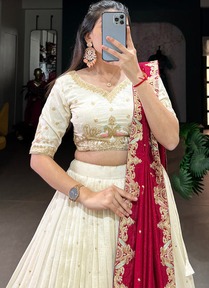 Zari Embroidered Vichitra Silk Off White Lehenga Choli