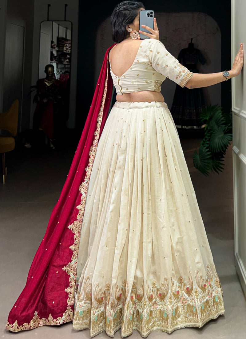 Zari Embroidered Vichitra Silk Off White Lehenga Choli