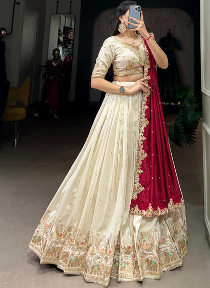 Zari Embroidered Vichitra Silk Off White Lehenga Choli