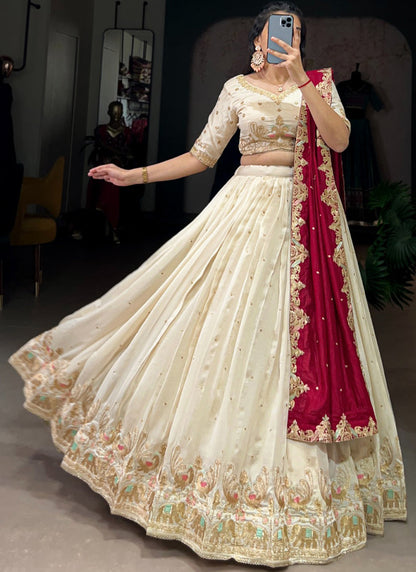 Zari Embroidered Vichitra Silk Off White Lehenga Choli