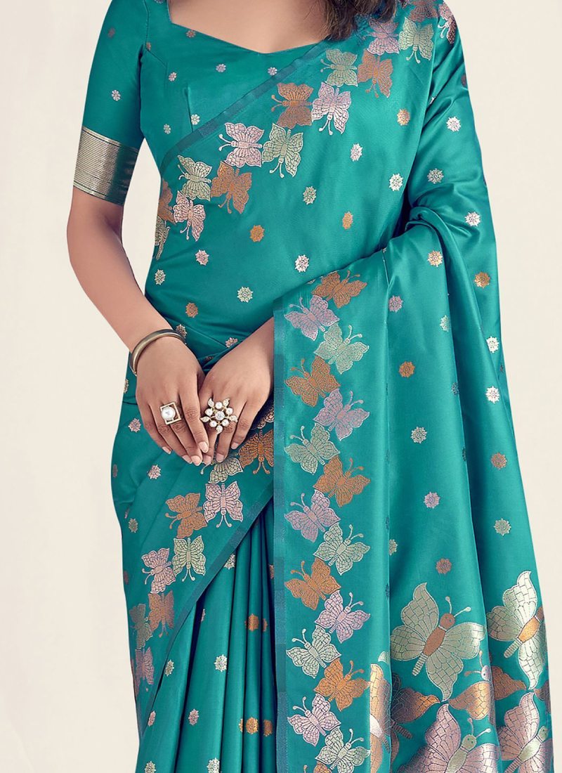 Zari Weaving Banarasi Silk Turquoise Blue Indian Saree
