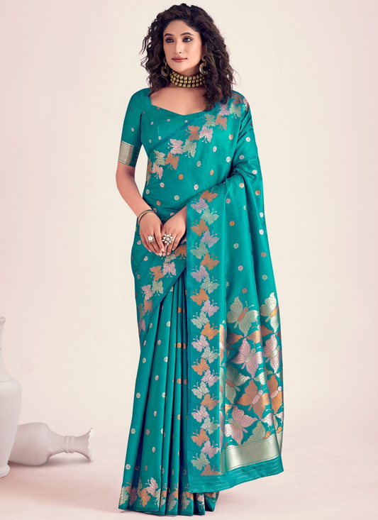 Zari Weaving Banarasi Silk Turquoise Blue Indian Saree