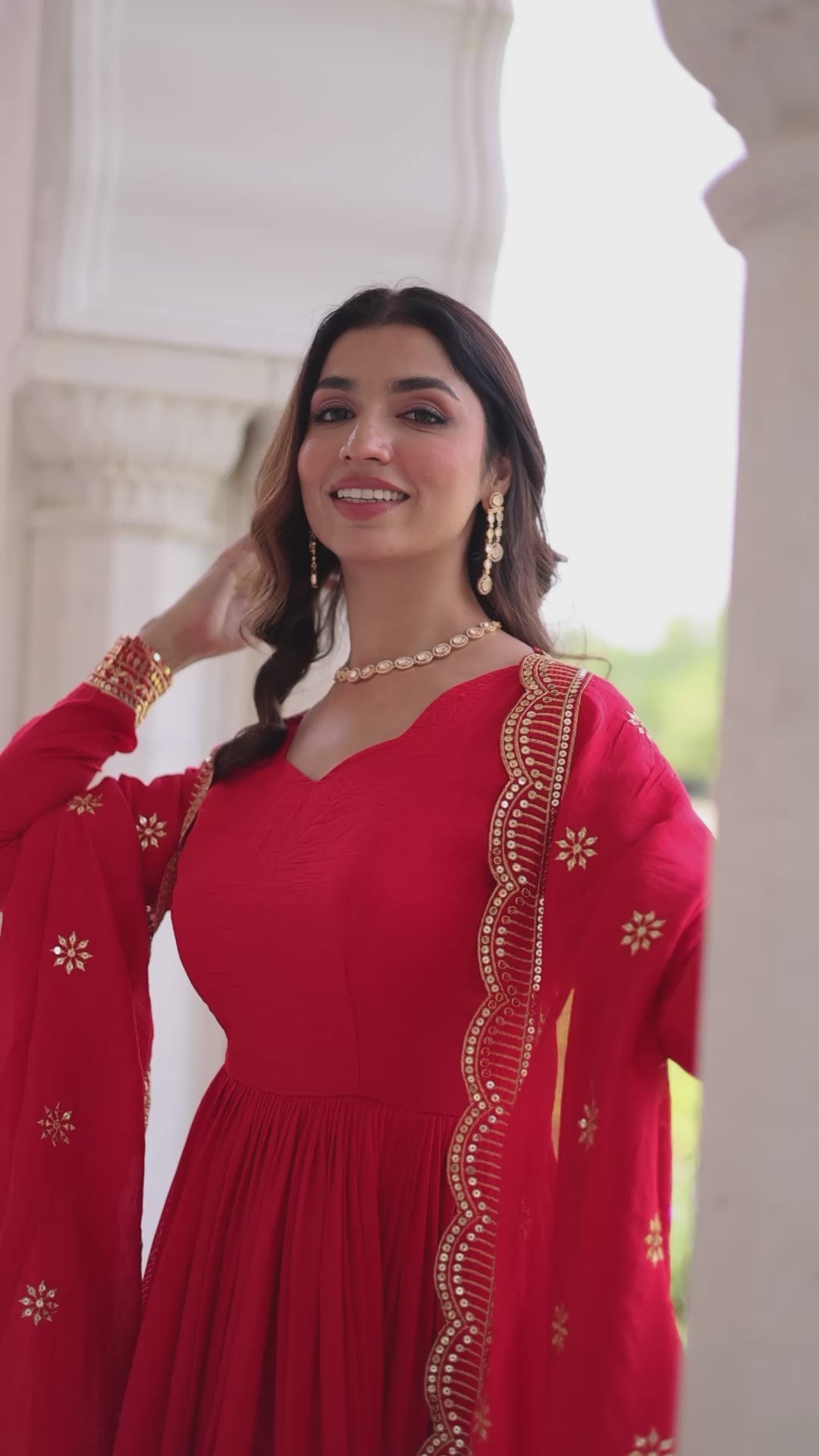 Vichitra Silk Intricate Embroidered Red Anarkali Gown