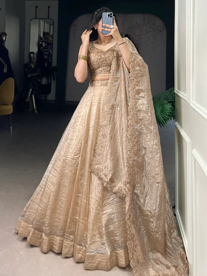 Golden Organza Thread Work Festive Wear Lehenga Choli