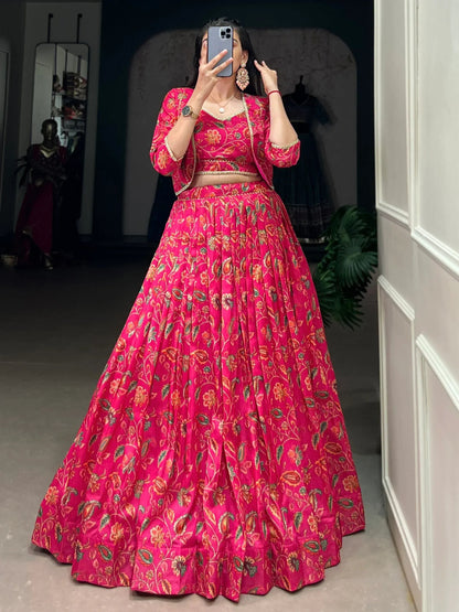 Hot Pink Floral Print Tussar Silk Crop Top Lehenga With Jacket