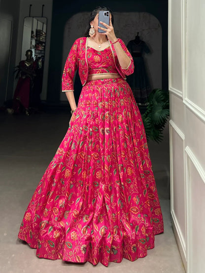 Hot Pink Floral Print Tussar Silk Crop Top Lehenga With Jacket
