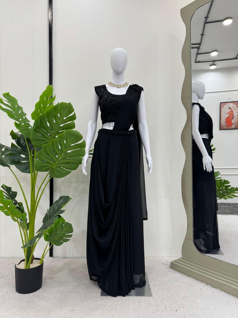 Black foux georgette sequence with Val with thread fancy lace ready to wear dhoti style