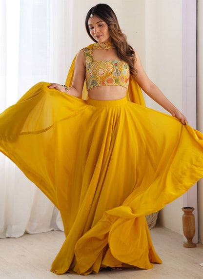 Yellow Haldi Special Georgette Lehenga Choli With Dupatta Set