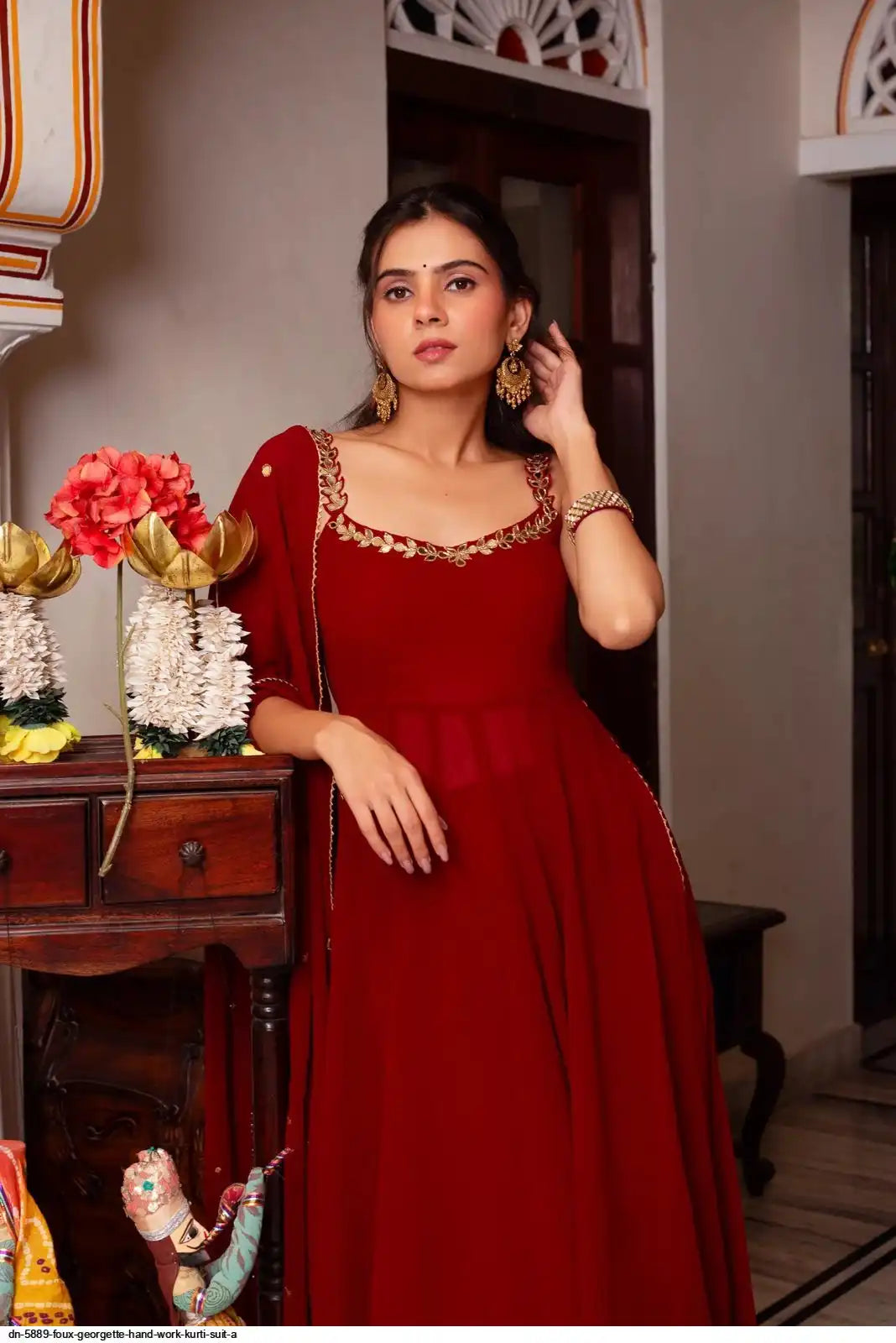 Red Hand Mirror Work Anarkali Set