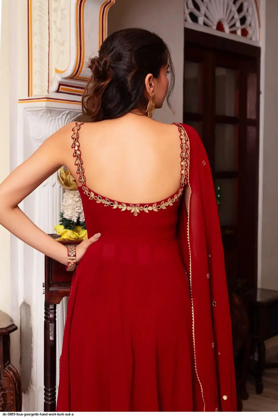 Red Hand Mirror Work Anarkali Set