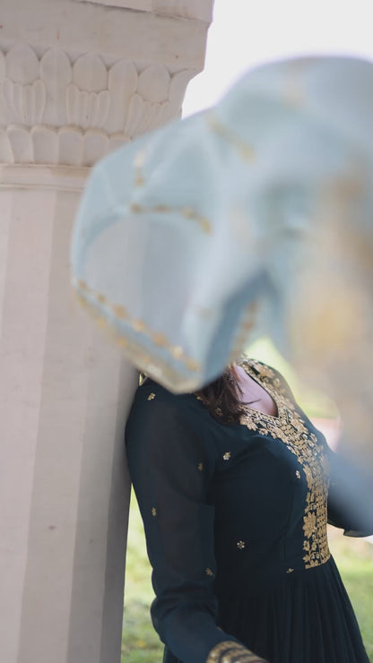 Georgette Sequence Embroidered Teal Blue Gown With Dupatta