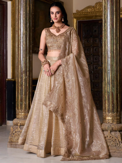 Golden Sequins Organza Wedding Lehenga Choli With Dupatta