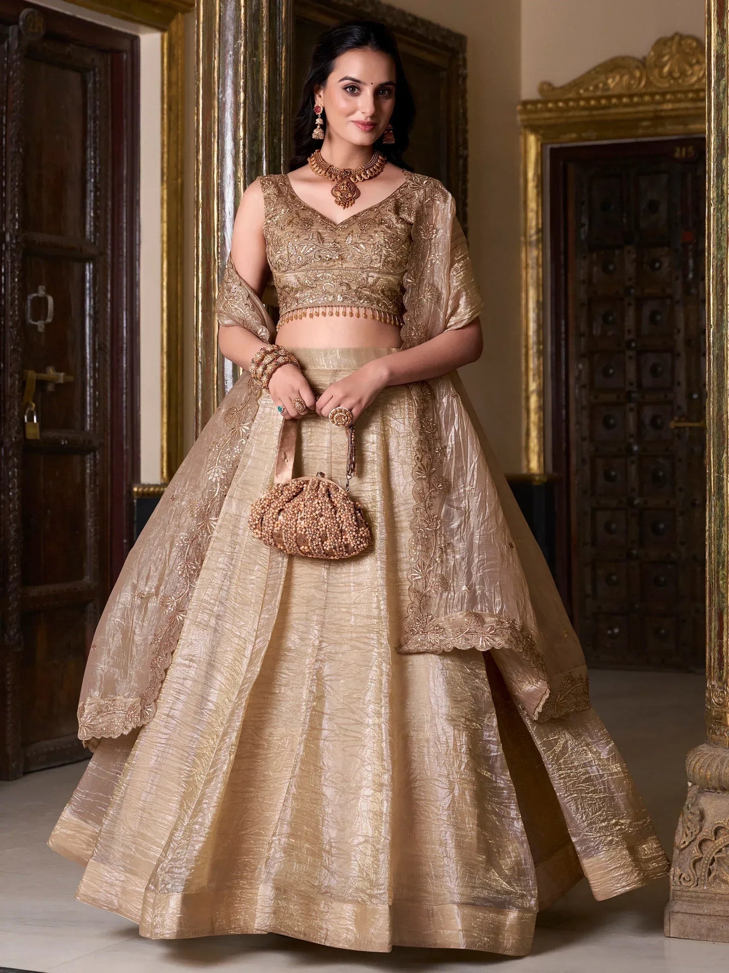 Golden Sequins Organza Wedding Lehenga Choli With Dupatta