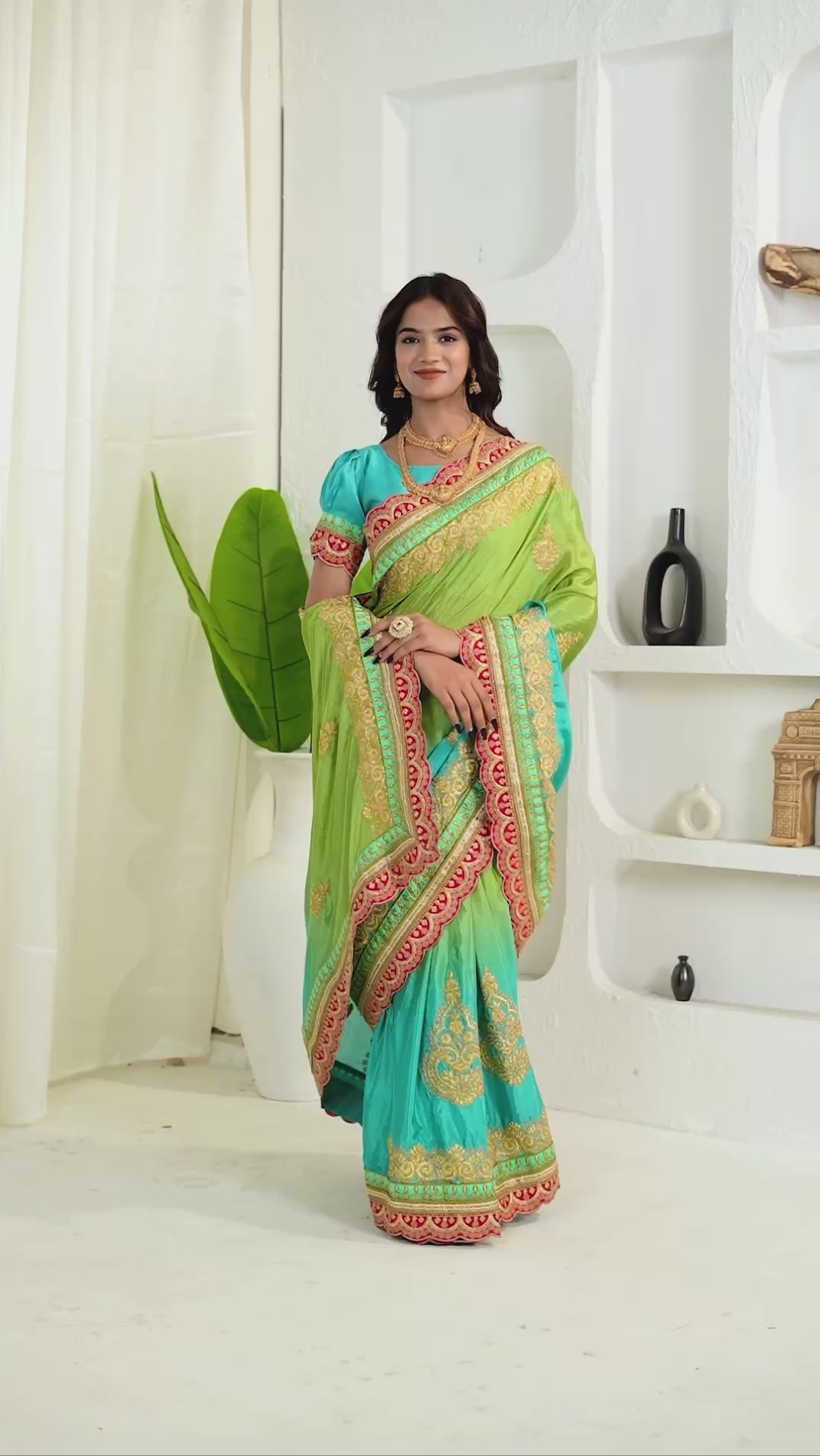 Chinon Silk Coding Work Parrot Green Saree With Blouse