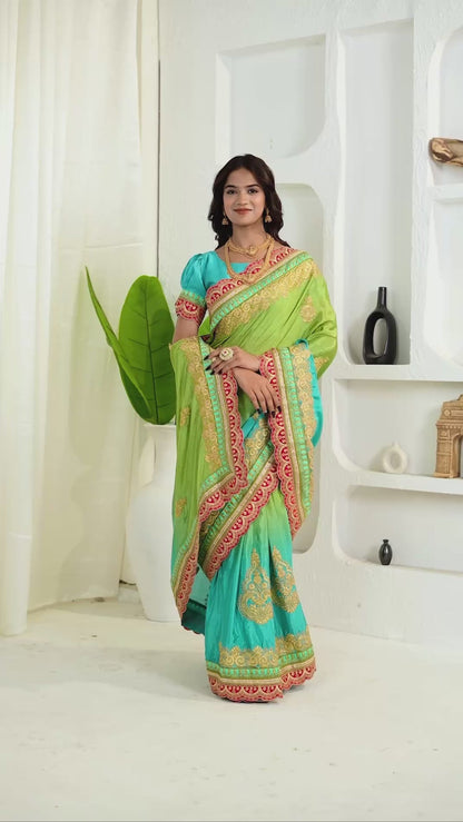 Chinon Silk Coding Work Parrot Green Saree With Blouse
