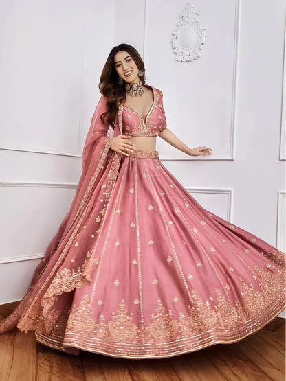 Gorgeous Pink Sequins Art Silk Lehenga Choli With Dupatta