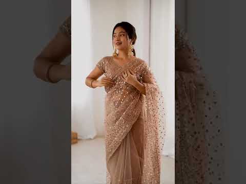 Sequence Embroidery Beige Party Wear Net Saree With Blouse