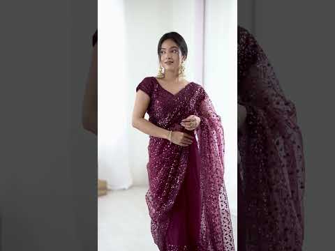 Sequence Work Net Reception Wear Wine Saree With Blouse