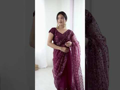Sequence Work Net Reception Wear Wine Saree With Blouse