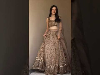 Soft Net Sequence Zari Embroidery Work Brown Lehenga