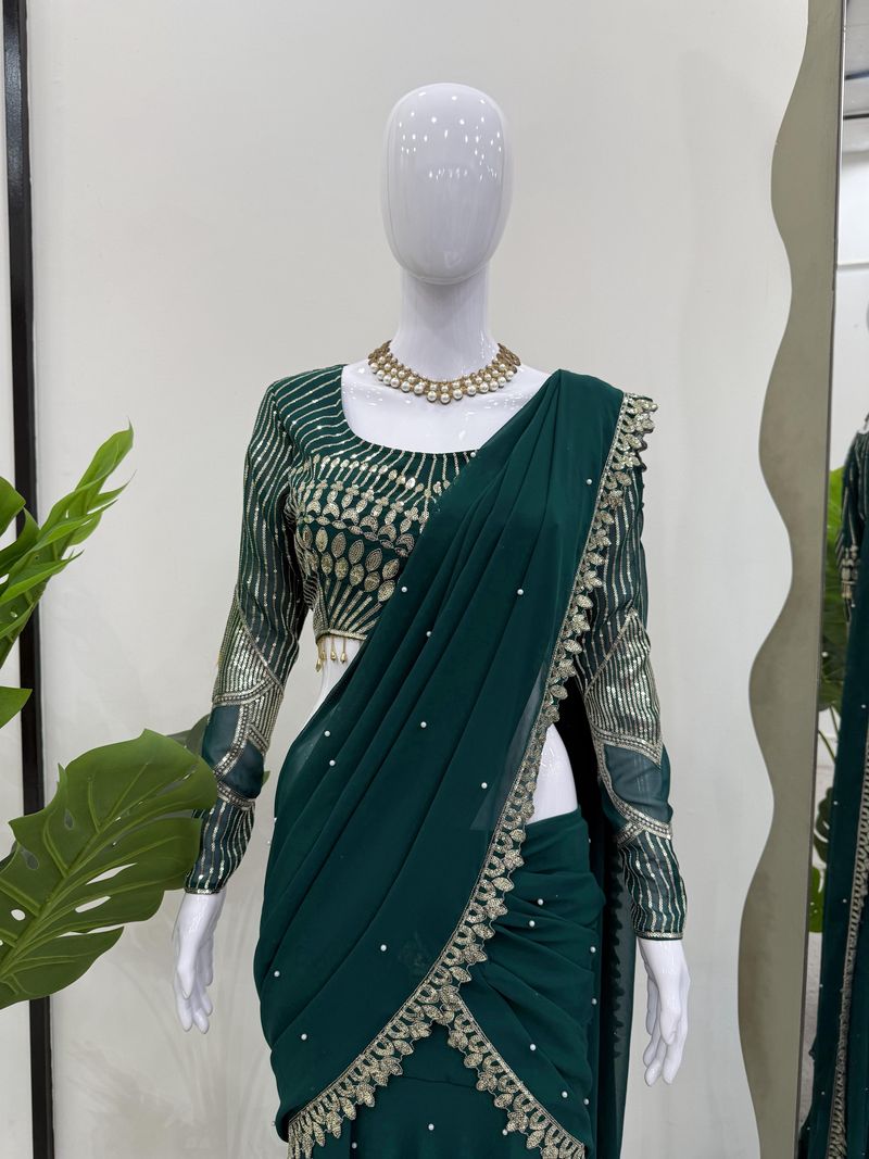 Dark green foux georgette thread with sequence with border raday to wear lehenga saree