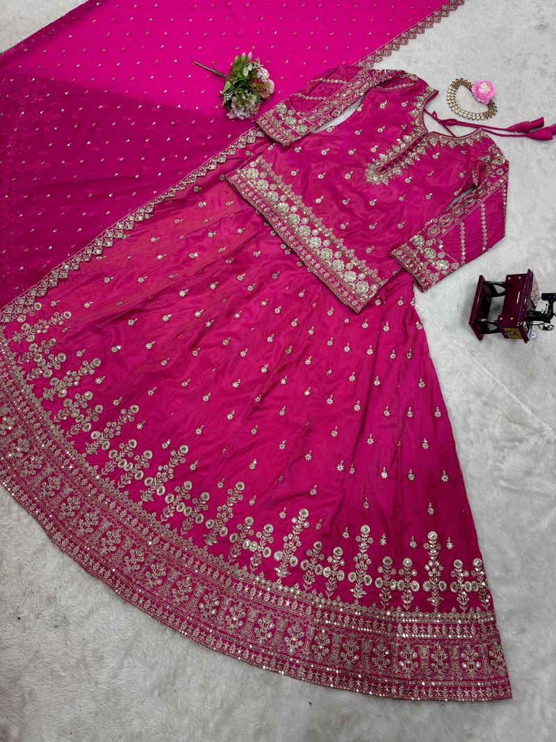 Rani silk thread with sequence embroidery work top lehenga with dupatta