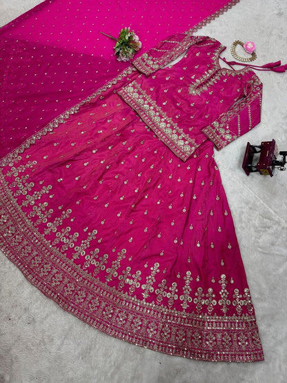 Rani silk thread with sequence embroidery work top lehenga with dupatta