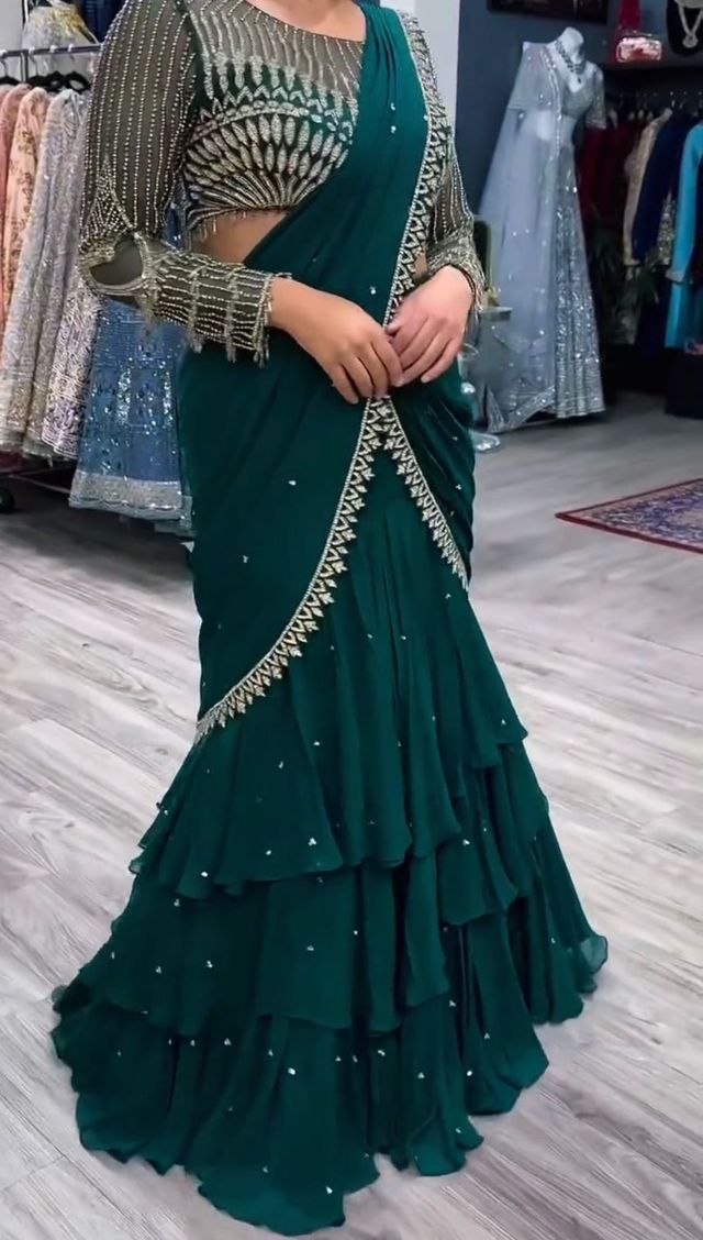 Dark green foux georgette thread with sequence with border raday to wear lehenga saree