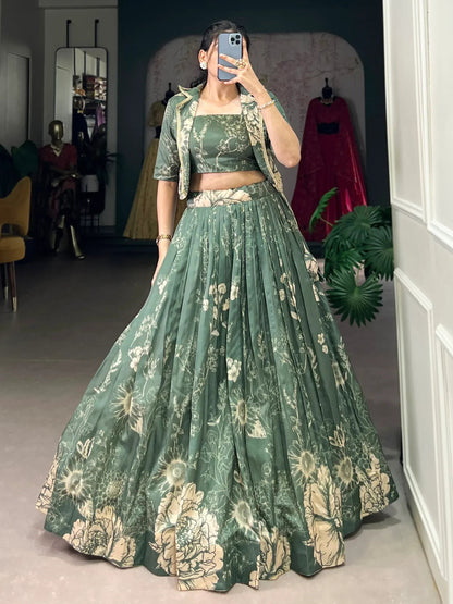 Bottle Green Printed Tussar Silk Crop Top Lehenga With Jacket
