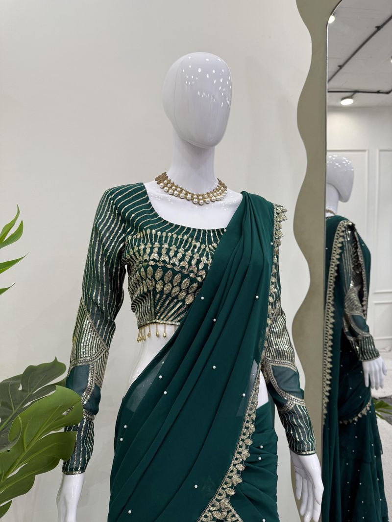 Dark green foux georgette thread with sequence with border raday to wear lehenga saree