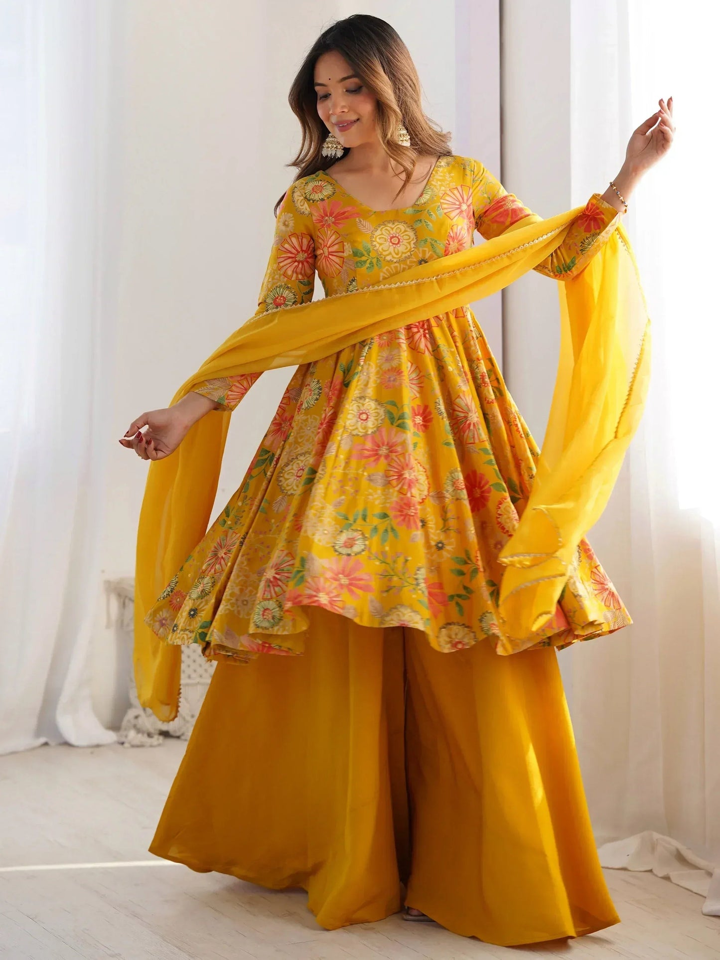 Yellow Floral Printed Silk Designer Palazzo Suit With Dupatta