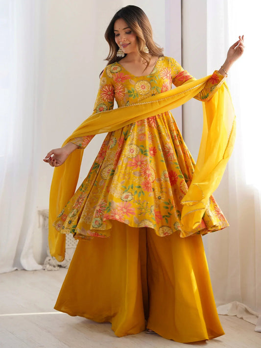 Yellow Floral Printed Silk Designer Palazzo Suit With Dupatta