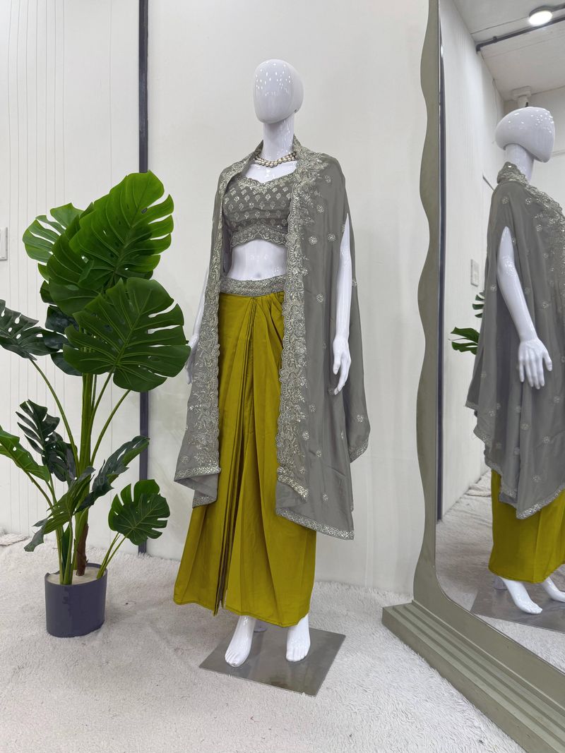 Multicolour american crap thread with sequence edam to wear dhoti style with shrug and unstitch choli