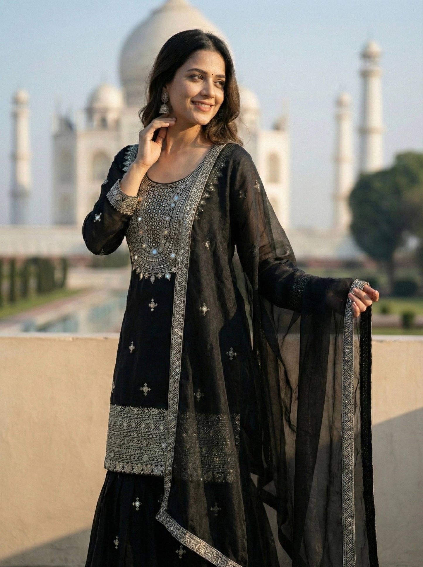 Midnight Black GMY Silk Embroidered Sharara Set with Mirror Work and Lace Border Dupatta