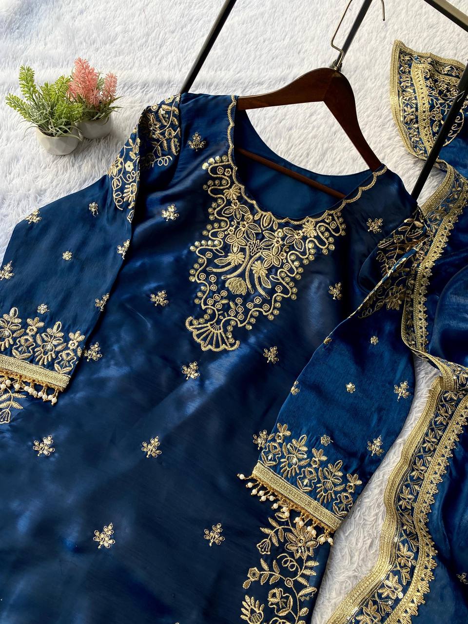 Mughal Blue GMY Silk Sequence Embroidered Top and Plazzo Set with Dupatta