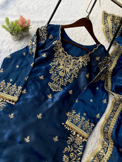 Mughal Blue GMY Silk Sequence Embroidered Top and Plazzo Set with Dupatta