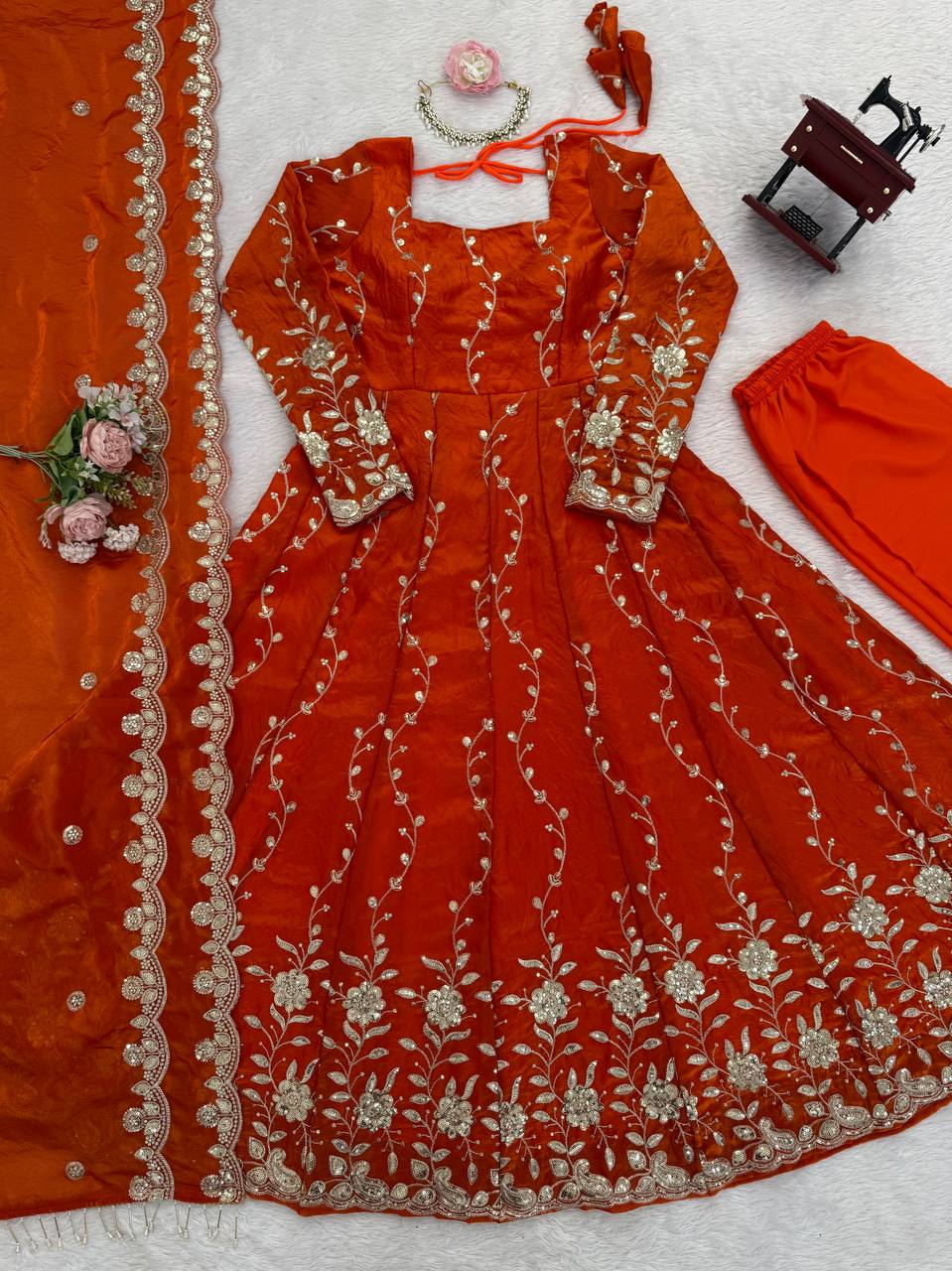 Orange Fendy Silk Embroidered Anarkali Set with Pant and Border Work Dupatta