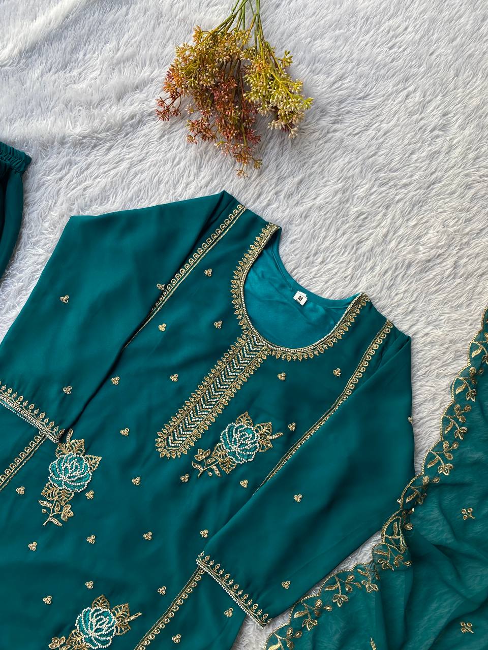 Teal Royal EID Special Faux Georgette Embroidered Gharara Suit Set with Dupatta