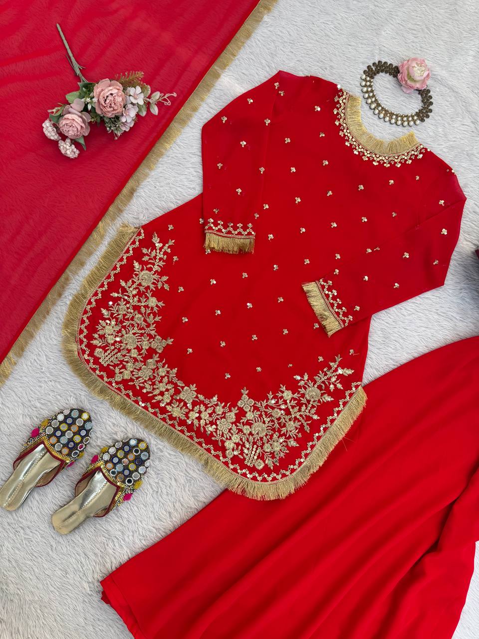 Red C by C Faux Georgette Thread and Sequence Work Sharara Set with Lace Dupatta