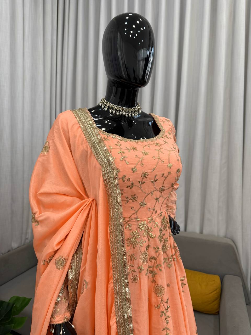 Orange colour Heavy Chinon Silk Thread and Sequence Work Gown with Lehenga and Dupatta Set