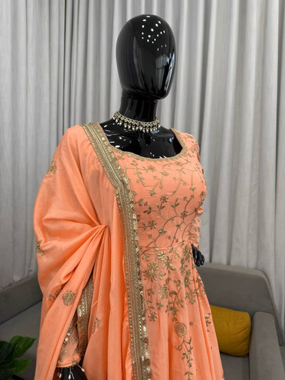 Orange colour Heavy Chinon Silk Thread and Sequence Work Gown with Lehenga and Dupatta Set
