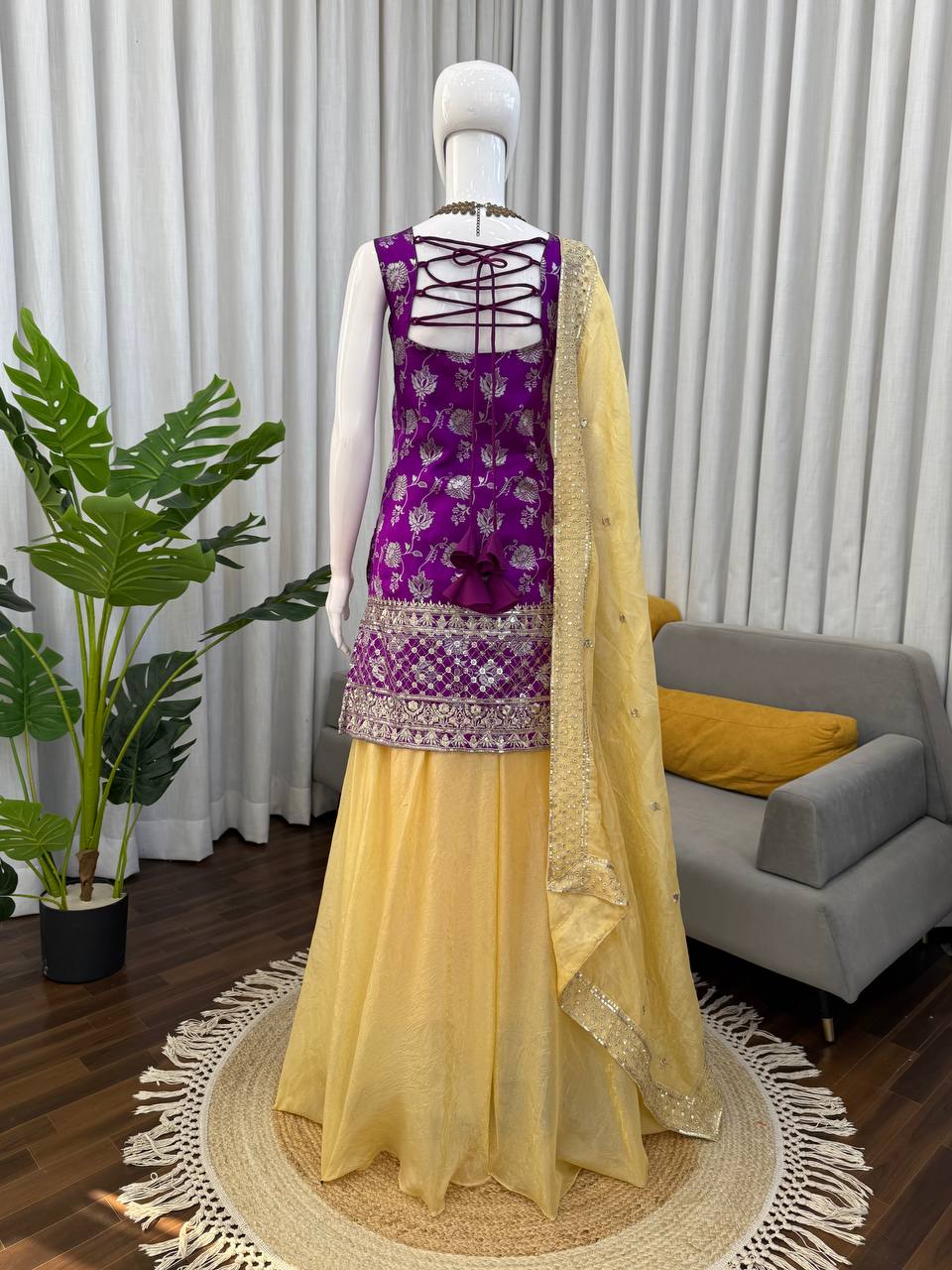 Purple Jequard Thread and Sequence Work Top with Crunchy Silk Palazzo and Four-Side Border Dupatta
